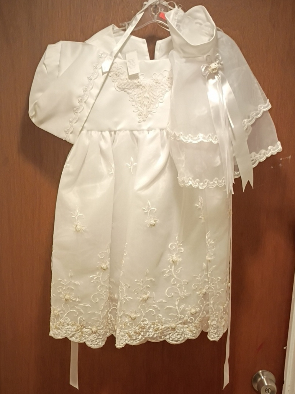 White Flower Girl Dress with Lace Overlay and Matching Bonnet